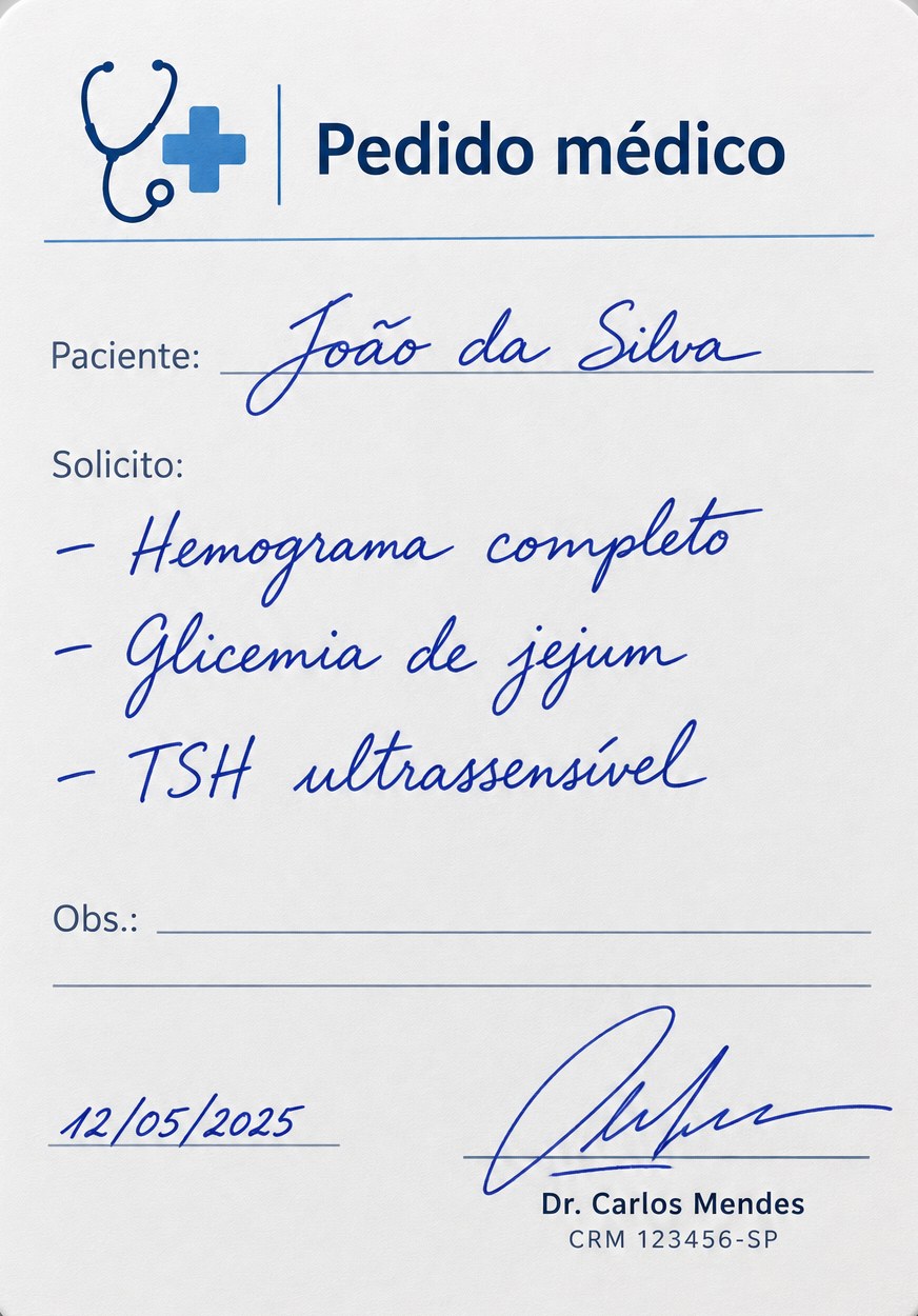 Pedido médico manuscrito solicitando hemograma, glicemia e TSH